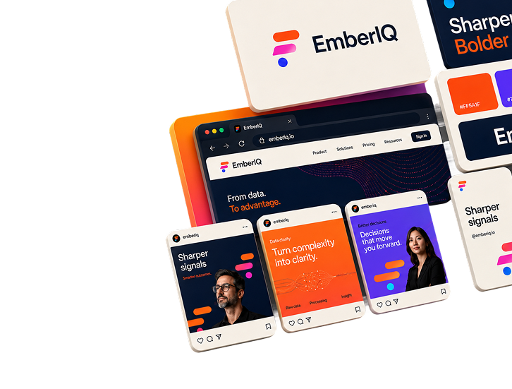 Brand & Identity mockups — EmberIQ phones and laptop