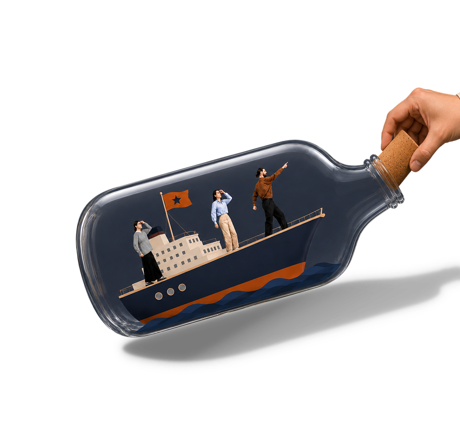 Marketing team in a glass bottle on a small boat — Doodl Space hero illustration